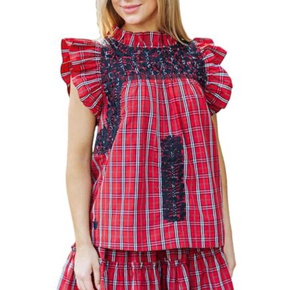 J. Marie Red Tartan Rayna Plaid Ruffle Neck Embroidery Top NEW Size M Holidays - Picture 12 of 12